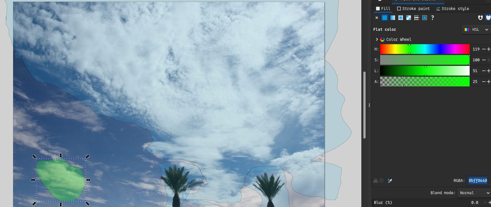 Screenshot showing a sky image with highlighted sections, one is green which is easier to see and some are blue which are harder to see against the sky