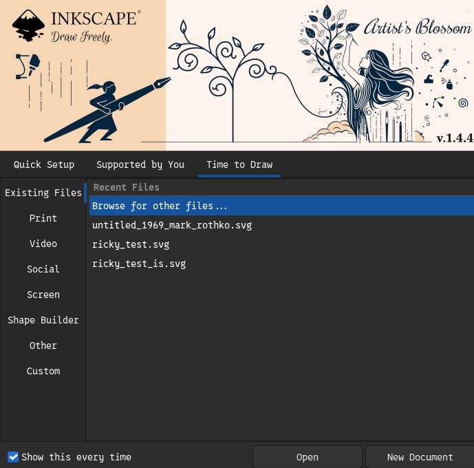 Screenshot showing the Inkscape start menu