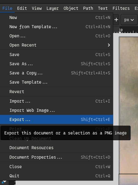 Screenshot showing the Export option being clicked in the submenu of File