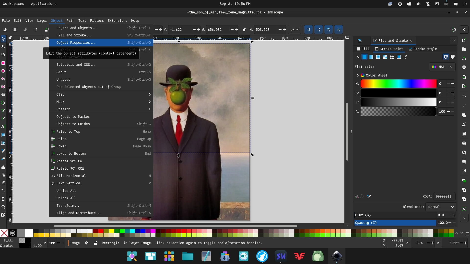 Screenshot showing the Object menu being clicked and Object properties being clicked in the submenu
